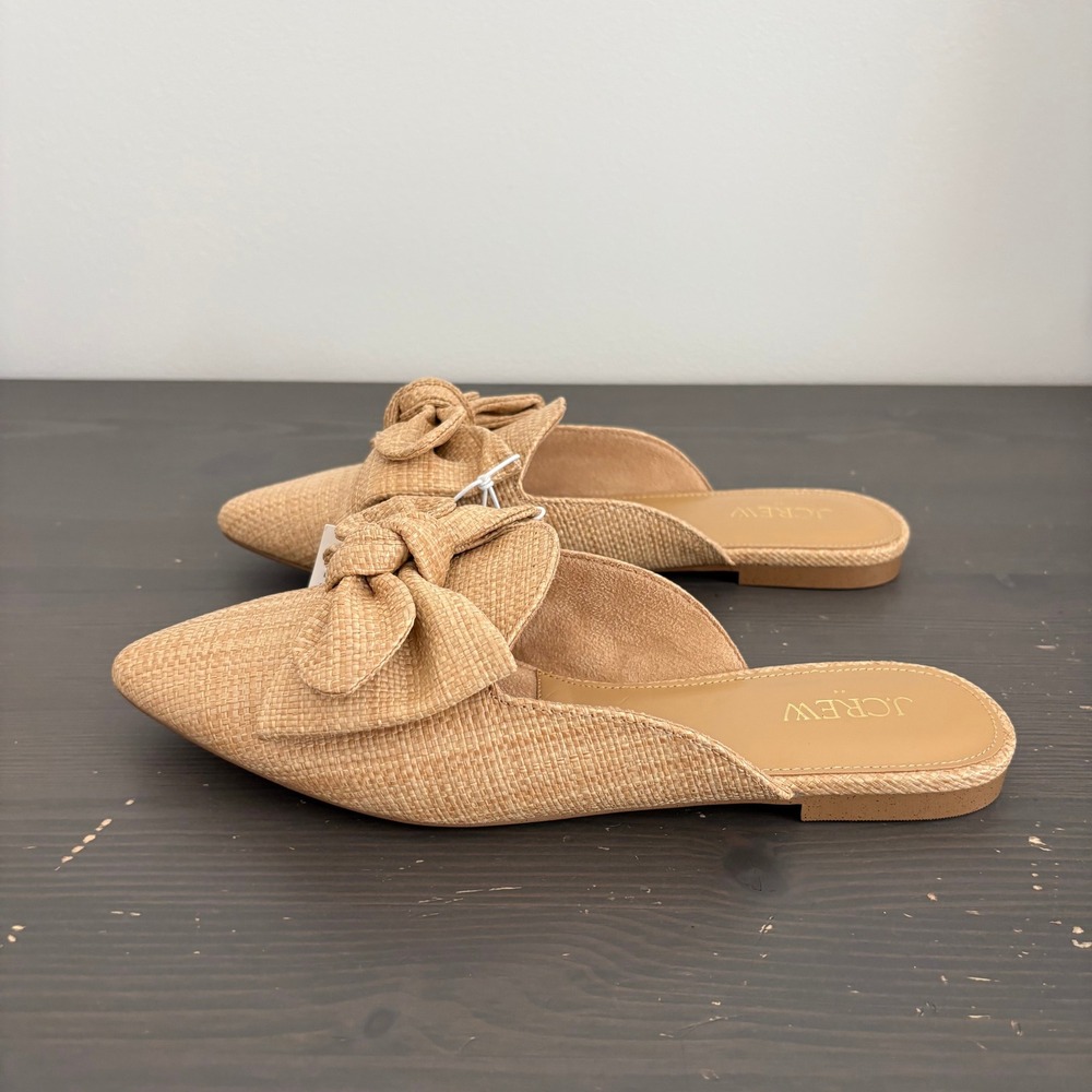 J.Crew Factory Mules Raffia Bow Pointed Toe 8.5 Tan Woven Flat Slides